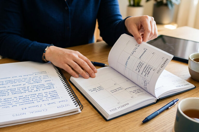 Treatment Plan Frequency by showing a calendar and notes on a desk